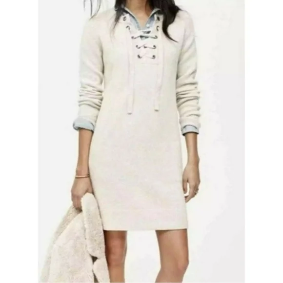 Madewell Merino Wool Long Sleeve Lace Up Front Cream Oatmeal Sweater Dress M - Picture 1 of 11